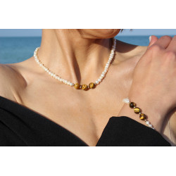 Cultured Pearl Necklace with Tiger's Eye and Gold 18 karats