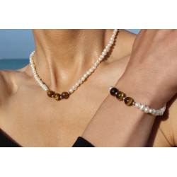 Tiger Eye and Cultured Pearl Bracelet with 18K Gold Clasp – Handcrafted