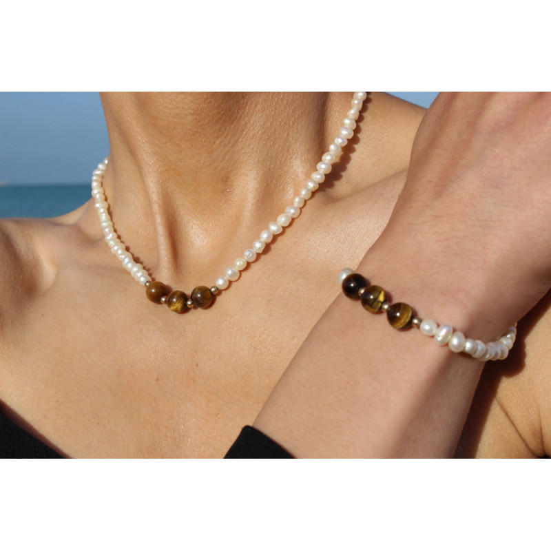 Tiger Eye and Cultured Pearl Bracelet with 18K Gold Clasp – Handcrafted Tiger Eye and Cultured Pearl Bracelet with 18K Gold Clasp – Handcrafted