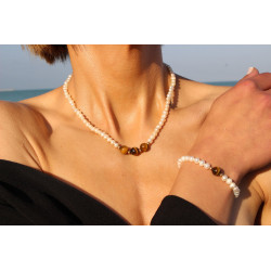 Freshwater Pearl & Tiger's Eye Bracelet – 18K Gold, 18cm