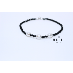 Black Onyx Bracelet with Cultured Pearls and Silver Clasp – 18 cm