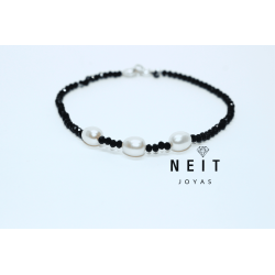 Black Onyx Bracelet with Cultured Pearls and Silver Clasp – 18 cm