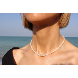 Exclusive Cultured Pearl Necklace with 18K Gold Bead and Zirconia | Handmade