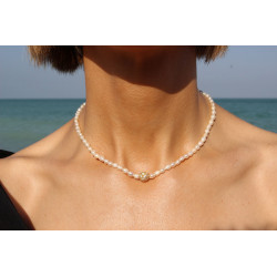 Exclusive Cultured Pearl Necklace with 18K Gold Bead and Zirconia | Handmade